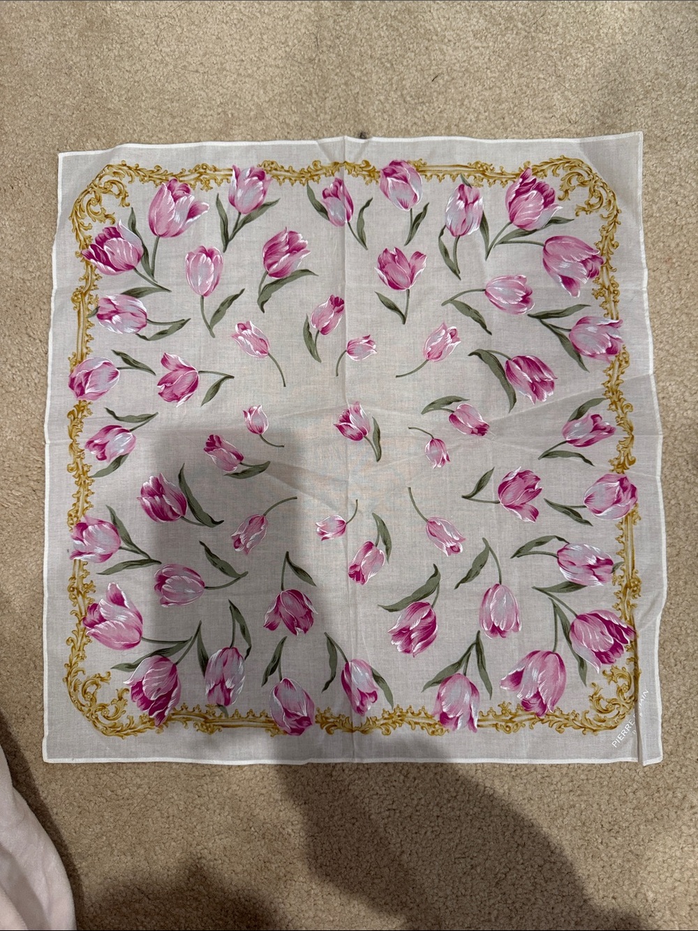 Pierre Balmain Pink Tulip Print Linen scarf with Gold Border